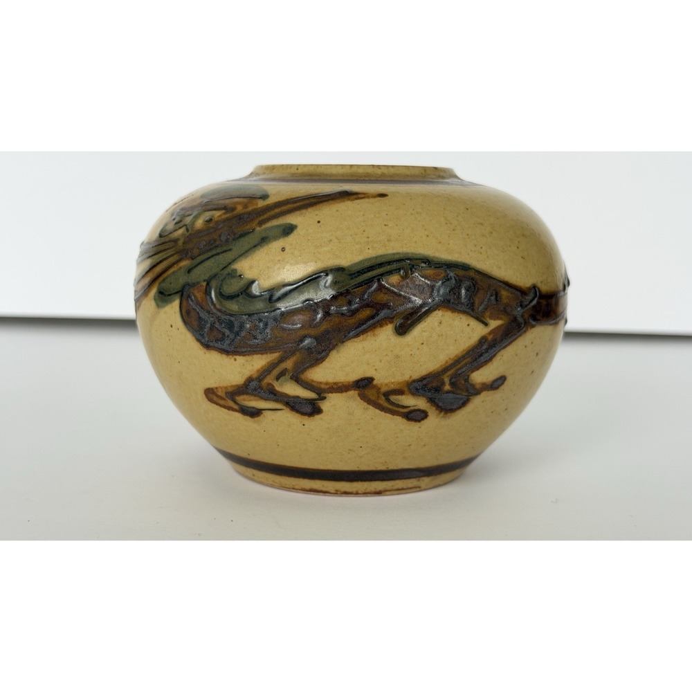Japanese Roadrunner Dragon Vintage 5" Ceramic Art Pottery Vase Raised Details